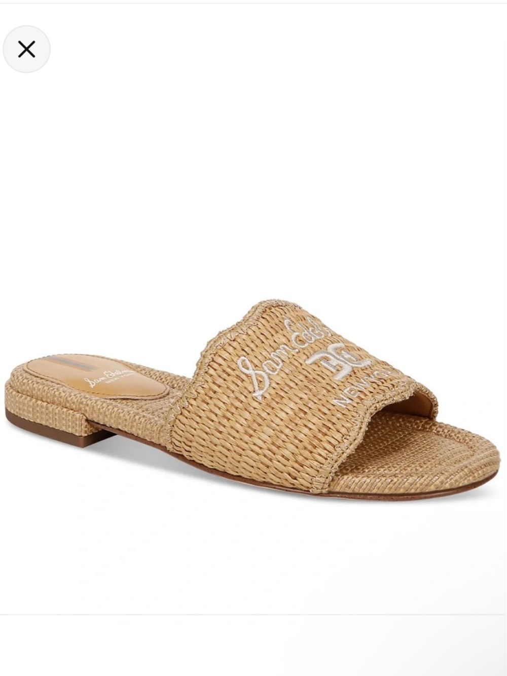 Sam Edelman Evette Raffia Slide Sandals in Natural Tan with White Embroidery